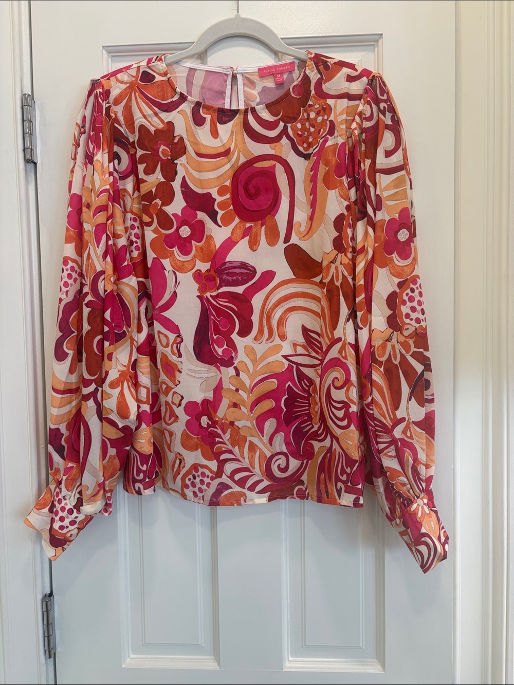 Flying Tomatoe Womens Cream, Pink, Orange Floral Long Sleeve Blouse